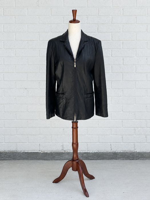 Black Leather Whipstitch Zip Jacket