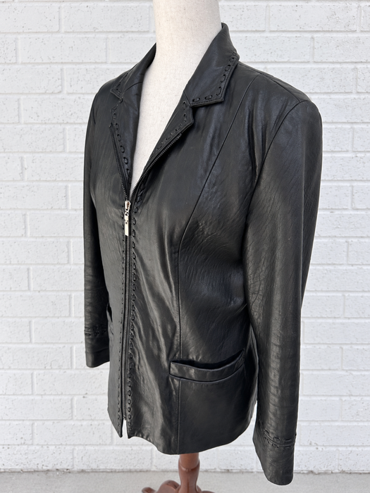 Black Leather Whipstitch Zip Jacket