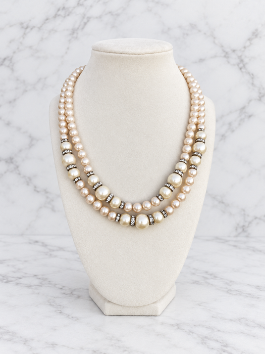 Double-Strand Pearl-Tone Necklace with Rhinestone Bow Clasp
