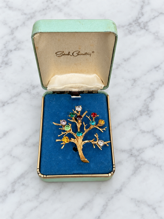 Sarah Coventry Mother’s Tree Rhinestone Brooch with Box