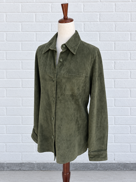 Olive Suede Button-Up Shirt Jacket