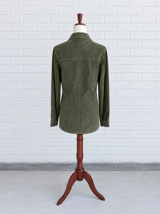 Olive Suede Button-Up Shirt Jacket